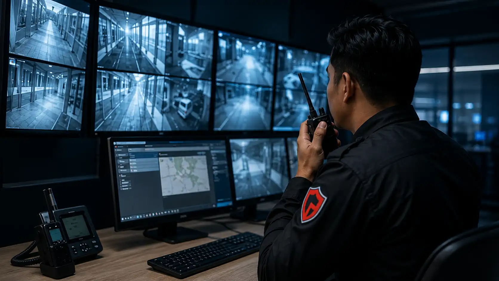 Operator keamanan memantau layar CCTV di ruang kontrol