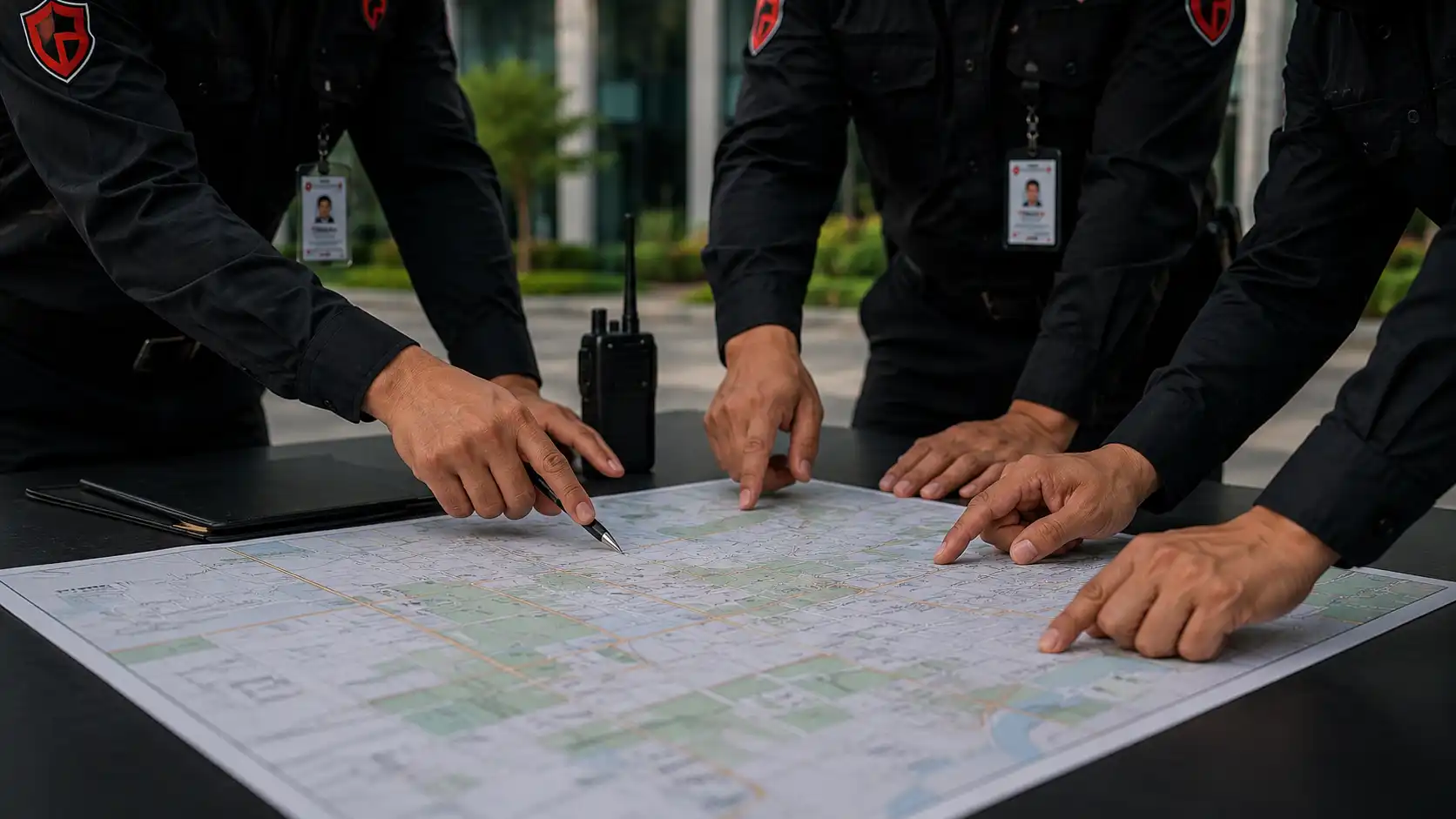 Personel keamanan berkoordinasi menggunakan peta area